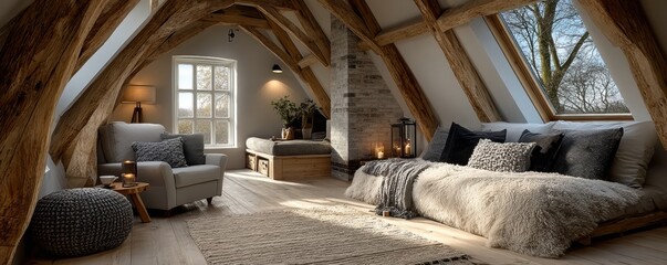 Obraz premium Cozy attic loft in the Netherlands with warm lighting, exposed beams, and a fireplace ambience