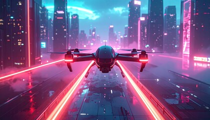 Cyberpunk Drone Flight Neon Cityscape