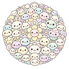 Cute pastel kawaii doodle illustration of smiling characters flowers clouds sweets and stars arranged in a circular pattern soft colors adorable art
