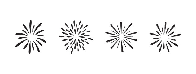 Obraz premium Firework doodles and festive hand drawn firecrackers set. Minimal sketch style celebration icons with stars, sparkles, explosive bursts. For birthday, carnival, holiday events. Vector illustration