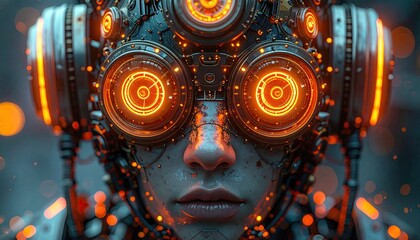 Cyborg Woman with Glowing Orange Eyes and Headgear