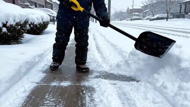 Person shoveling deep snow from a residential sidewalk during a winter storm. Clearing a path with a shovel in a suburban neighborhood