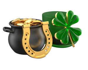 Iron black cauldron full shiny gold coin on white background. Isolated 3D illustration. St Patrick`s day