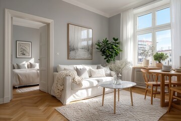 Fototapeta premium Cozy Scandinavian living room with neutral tones, wood furniture, and sunlit dining area