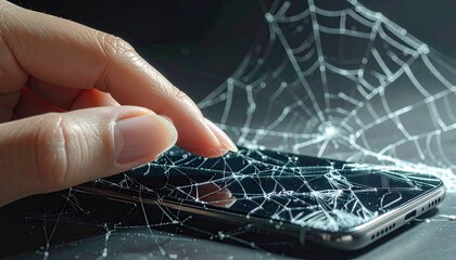 Damaged Smartphone Screen with Spiderweb Crack