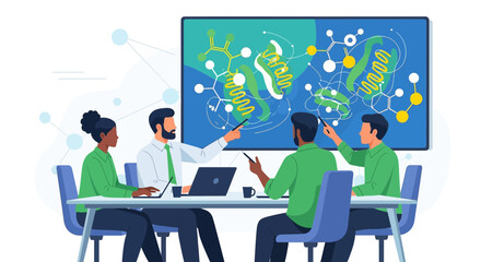 Diverse research team collaborating on molecular biology during a presentation