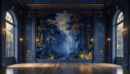 Dark Blue and Gold Forest Mural in Elegant Room