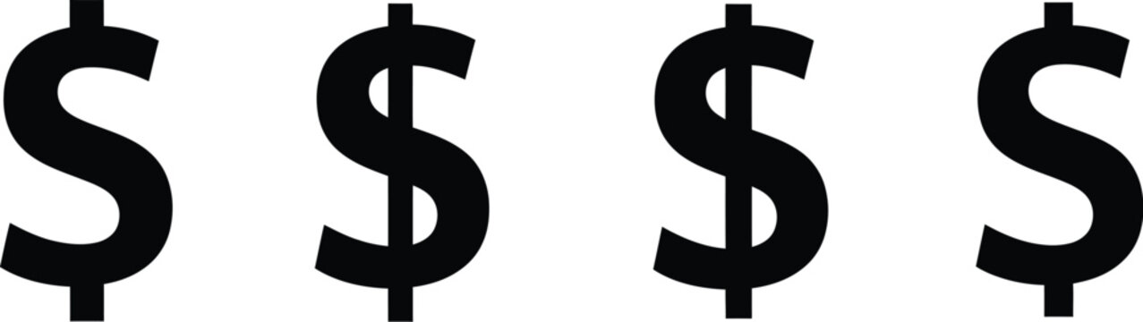 Four black dollar signs in a row on transparent background silhouette