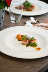 scallops with pumpkin puree, gourmet appetizer, served on a white plate in a restaurant, close-up food photography, elegant fine dining presentation,