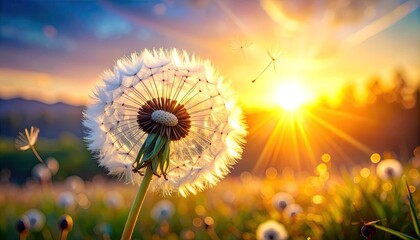 Dandelion Seeds Dispersing at Sunset
