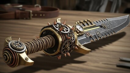 スチームパンク風ナイフ 暖色照明のある木製背景の上で輝く
