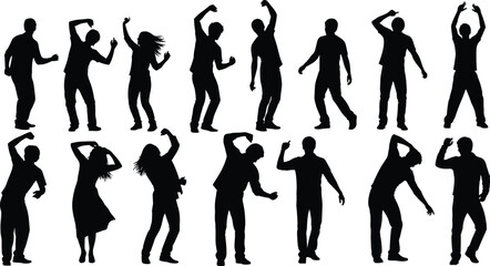 Obraz premium Silhouettes of diverse male and female dancers in expressive poses, showcasing rhythm, movement, choreography, and joyful human motion on white background