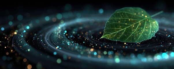Leaf on futuristic abstract circles, glowing green energy with particles and light