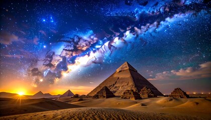 星空の下にそびえるピラミッドが古代文明の神秘を感じさせる夜景
