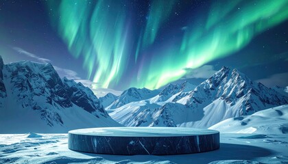 Dark Blue Circular Platform in Snowy Mountain Landscape with Aurora Borealis