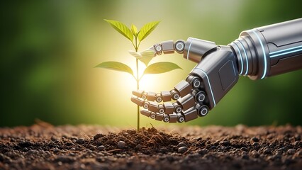 Una mano robótica de alta tecnología acaricia suavemente una delicada planta en ciernes, simbolizando la relación simbiótica entre la tecnología y la naturaleza para fomentar el crecimiento y la soste