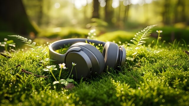 Los auriculares descansan sobre musgo en el bosque verde;
 fondo de naturaleza
