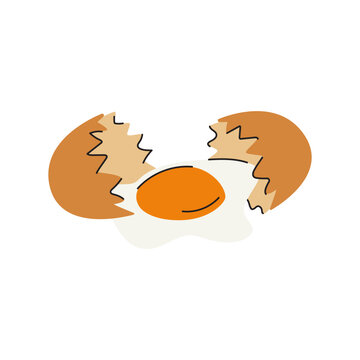 Cartoon broken brown chicken egg with raw liquid protein and yolk flowing down. A raw egg in doodle style. Vector illustration isolated