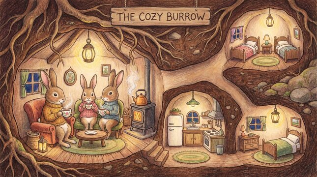 Charming cross-section illustration of a cozy underground rabbit burrow featuring rabbits drinking tea and rooms with beds and a kitchen
