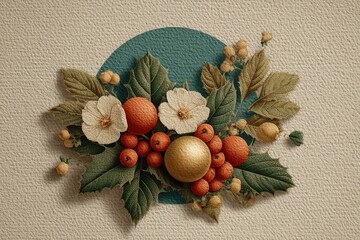 Christmas arrangement with holly leaves, white flowers, red berries and gold ornament on teal backdrop