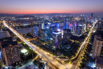 Aerial View of City Skyline at Dusk
