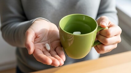 明るい室内で薬を飲む人の手元のクローズアップ写真