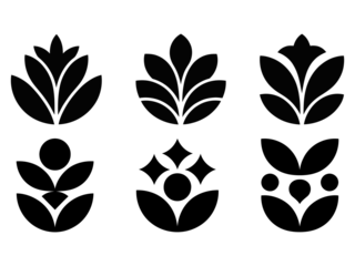 A minimalist illustration showing three abstract floral elements in silhouette on a dark background