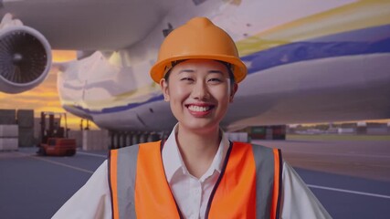 Close Up Of Asian Female Engineer Wearing Safety Helmet Looking At Camera While Standing With Arms Akimbo at Airport with Massive Cargo Aircraft Loading Freight