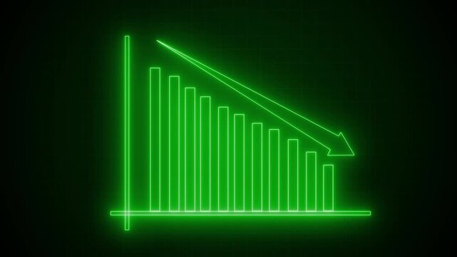 High-Tech Animated Graph Chart with Glowing Neon Business Bars, Neon Bar Chart with Downward Trend Arrow