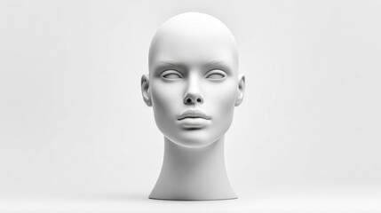 A minimalist white mannequin head against a clean, bright background