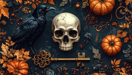 Dark Halloween Still Life with Skull, Crow, and Pumpkins