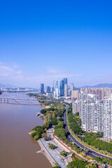 Aerial View of Modern Urban Cityscape with River