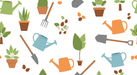 Gardening themed seamless pattern with watering cans, shovels, potted plants, seeds, and soil on a white background.