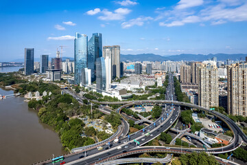 Aerial View of Urban Expressway and Skyscrapers
