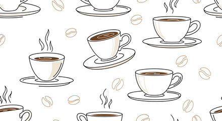 Coffee themed seamless pattern displays white ceramic cups with hot steam and scattered coffee beans on white.