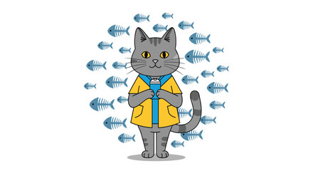 Cute cartoon grey cat wearing a yellow jacket and blue hoodie holding a drink surrounded by fish bone patterns.