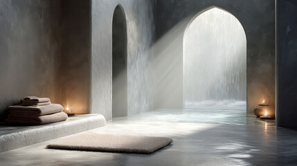 Bathroom with a large archway and a waterfall. The room is dimly lit and has a peaceful, calming atmosphere