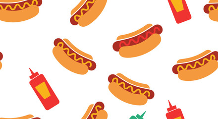 Fun and colorful seamless pattern of delicious hot dogs with mustard and red condiment bottles on a white background.