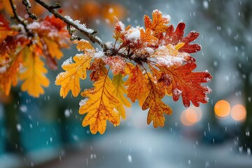 Autumn oak leaves with ice and light snow on a frosty street-view branch