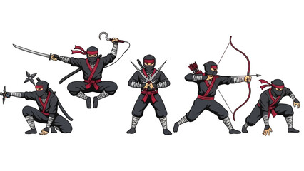 Five ninjas in various combat poses with weapons