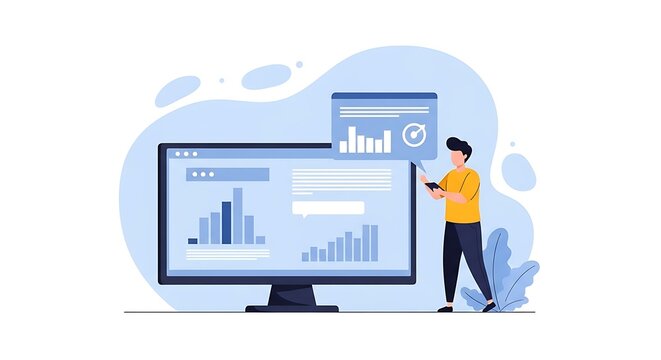 Man analyzing data on computer screen with charts and graphs. - Powered by Adobe