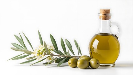 新鮮なオリーブ油と枝葉が清潔感のある背景に並ぶ静物