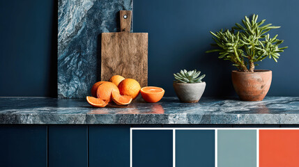Dark blue marble counter with oranges, wooden cutting board, potted succulents and a matching navy color palette strip creating a stylish modern kitchen accent scene