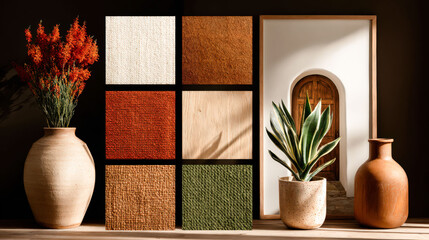Collection of vases and a potted plant sit on a table, with a framed picture in the background. The vases are of different sizes and colors, and the potted plant is a green cactus