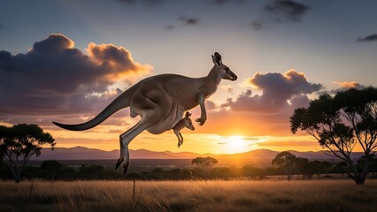 夕焼け空の下でカンガルーが力強く飛び跳ねる瞬間を捉える