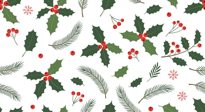 Elegant seamless pattern of christmas holly leaves with red berries and pine tree branches on a clean white background.