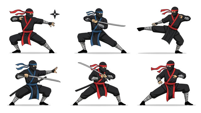 A group of ninja warriors in various fighting poses with swords