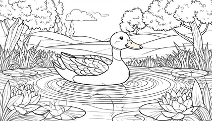 Duck in a Pond Monochrome Illustration