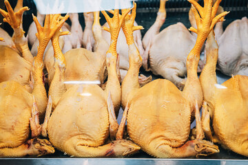 Whole raw chickens with visible feet and necks arranged for sale in a refrigerated display case at a butcher shop or market