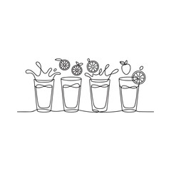 Line art illustration of various citrus fruits and glasses with splashes